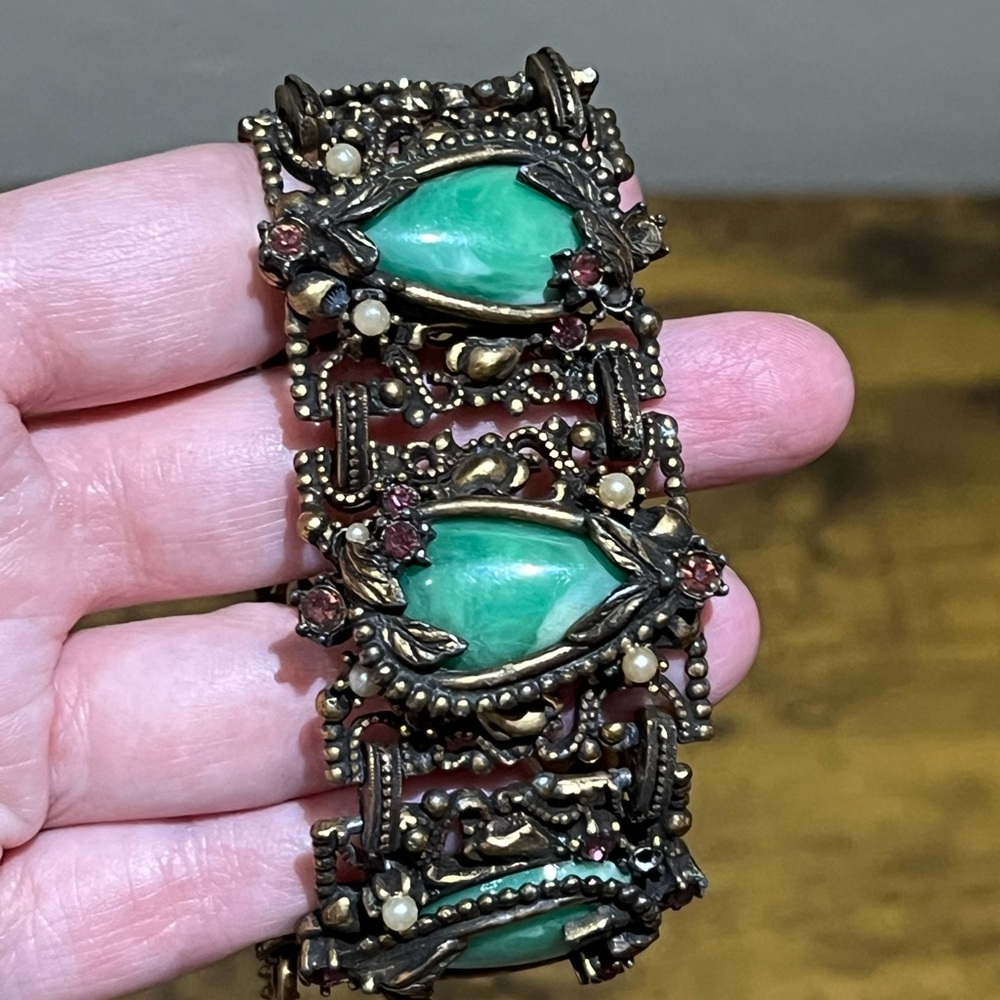 Vintage Selro Victorian Green Stones With Pink Rhinestones Bracelet